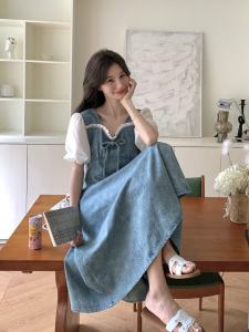 French Embroidered Bubble Sleeve Denim Dress Women Summer 2024 New Fresh Sweet Style Tea Break Slimming Long Dress