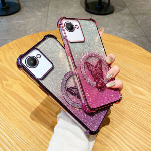 Phone Case for Realme C30 C30S Realme Narzo 50i Prime Light Luxury Rhinestone Womens Sparkling Butterfly Bracket Casing