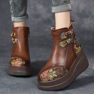 Warmth Martin Boots Cotton Inserted Thick Bottom Platform Short Boots Autumn Winter National Style Side Zipper round Toe Rubber Sole