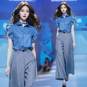 Blue Plaid Wide Leg Pants And Shirt Two-Piece Set Womens Summer Fashion Outfit Flying Sleeve Polyester Fiber 25-35 Years Old