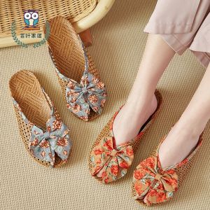 Dép Lê Mùa Hè Mới Bằng Tre Đan Bằng Vải Lanh Phong Cách Hàn Quốc Có Gót Đế Bằng Bằng Cao Su Chống Trượt Cho Nữ