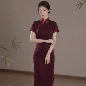 Burgundy Retro Improved Cheongsam Dress Spring/Summer Waist Cinching Elegance Moms Wear