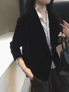 YUFUQING | Velvet Jacket Womens Spring 2025 French Style Slimming Shirt High-End Feel Patchwork V-neck Open Cardigan Polyester Fiber