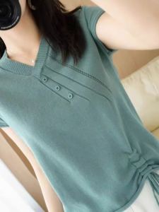 Loose Knitted Short Sleeve Womens T-shirt V-neck Pullover Spring Summer New Style Korean Version Hand Gloves Base Shirt