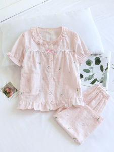 Cute Bear Cartoon Cotton Pajamas Set for Girls Summer Lightweight Short Sleeve Seven-Piece Pants Home Clothes Thin Cotton