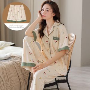 MiiOW | ชุดนอนผู้หญิง MiiOW 3 ชิ้น แขนสั้น กางเกงขายาว ผ้าฝ้ายบาง ไซส์ใหญ่ ชุดนอนฤดูร้อน ฤดูใบไม้ผลิ ฤดูใบไม้ร่วง ชุดนอนในบ้าน