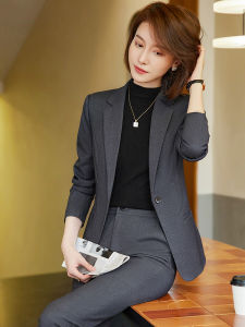 Gray Suit Set Womens Slim Fit Workwear Short Size Professional Spring Autumn New Style Button Pocket Long Sleeve Regular Length
