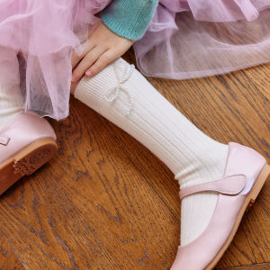 LittleNaive Princess Style Pearl Butterfly Knot Mid-Calf Socks for Girls Sweet Half Tube Socks Childrens French Style Socks