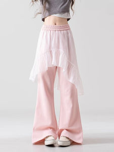 WANGGONGZHU | High Waist Mesh Splice Elastic Waist Casual Pants Women Summer New Design Slimming Micro Flared Wide Leg Long Trousers