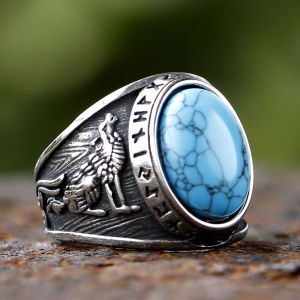 2024 New Fashion 316L Stainless Steel Viking Rune and Wolf Ring with Green Zircon Biker Cool Jewelry Wholesale Gift
