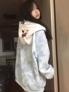 American Style Katie Cat Full Print Hoodie Womens Autumn Winter Loose Lazy Style Oversize Casual Zipper Jacket Trendy