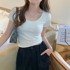Slimming Short Sleeve T-Shirt Womens U-Neck Base Shirt round Neck Fitting Short White Top Korean Style Cotton Blend Summer