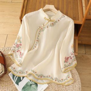 Womens Cotton Linen Shirt Retro Tops Artistic Embroidery Women Shirts Buckle Summer Slanted Collar Ethnic Style Color Blocked 3/4 Sleeve Blouse Plus Size