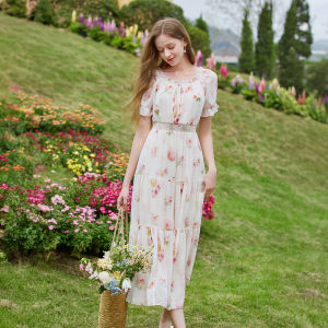 XIANGYING | French Style Waist-Cinching Floral Maxi Dress