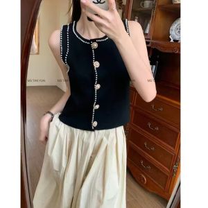 French Style Heavy Knit Pearl Vest Womens Summer 2025 Elegant Fashionable Top Breathable Lightweight Single-Breasted Design
