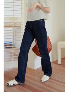 Retro High Waist Slim Fit Straight Leg Deep Indigo Denim Jeans Floor Length Trousers Thick High Waist Long Pants Women