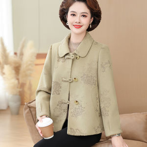 New Chinese Style Woolen Coat for Mom Autumn Fashion Polo Collar Button up Top Middle Aged And Elderly Women High End Outerwear