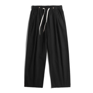 Rabbit Sense 2025 Spring Summer Retro Simple Drawstring Elastic Waist Straight Leg Mens Solid Color Casual Long Pants
