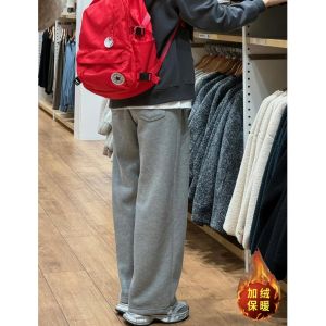 กางเกงวอร์มผ้าฝ้ายสีเทาเอวสูงทรงหลวมสำหรับผู้หญิง กางเกงขายาวทรงตรงผ้าฝ้ายผสมเนื้อนุ่มสบายสไตล์ลำลองสำหรับฤดูใบไม้ผลิและฤดูใบไม้ร่วง