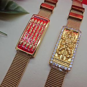 สร้อยข้อมือเลสคั่นโค้งลายยันต์ห้าแถว ท้าวเวสสุวรรณ ความยาว 8 นิ้ว ปรับระดับได้ ใส่ได้ทุกโอกาส ใส่เรียกทรัพย์ หนุนดวง โชคลาภ