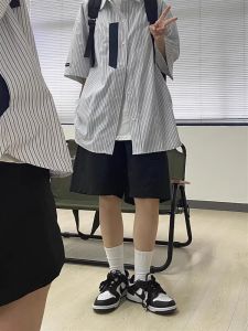 กางเกงขาสั้นผ้ายีนส์ทรงหลวมสไตล์ญี่ปุ่นสำหรับผู้หญิง กางเกงขายาวทรงหลวมสไตล์อเมริกันย้อนยุค สีกรมท่า กางเกงขายาวทรงสลิมฟิต