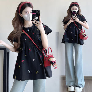 Pregnant Maternity Blouse Colorful Embroidery Bow Tie Short Sleeve