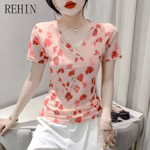 Rehin thời trang mùa hè lưới in hoa tay ngắn áo phông cổ chữ V ôm vừa S-3XL hợp thời trang hàng đầu