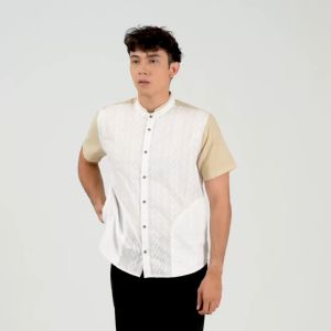 EDWIN JEANS - KOKO GANDALF WHITE BEIGE Kemeja Lengan Pendek Baju Muslim Pria Top Man Muslim Shirt