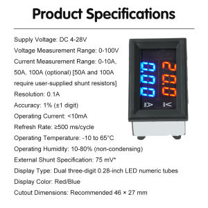 H28UI DC 4-28V 0.28-inch Red/Blue LED Dual-Display Voltage/Current Meter DC 0-100V 10/50/100A 50A 100A Splitter