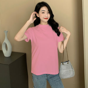 Pink Half-High Collar Short Sleeve T-Shirt Women Summer Loose Base Shirt Inner Wear plus Size Slimming Mid-Neck Shoulder Level Top