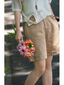 XIAOER | Belted Hemp and Cotton High Waist Shorts