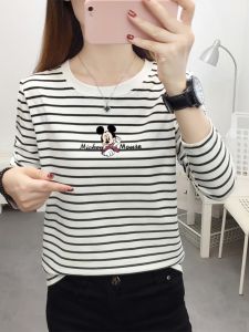 Pure Cotton Autumn Shirt Thin Base Shirt Stripe Long Sleeve T-Shirt Women New Loose Slim Printing Large Size Top