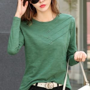 Womens O-Neck Blouses Loose Cotton Shirts Long Sleeve Solid Color Office Pleasure Fashion Korean Autumn 10800
