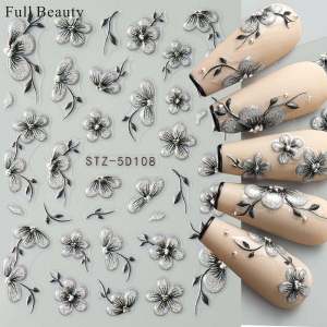 New Arrival Glitter Silver Three-Dimensional Plum Blossom 5D Relief Nail Sticker Colorful Silver Peach Blossom Leaf Adhesive Nail Sticker Ornament