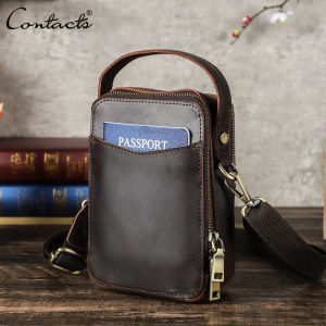 CONTACTS Genuine Leather Vintage Mens Bag Designer Men Small Shoulder Bag Crossbody Messenger Male Purse Phone Bags Handbag