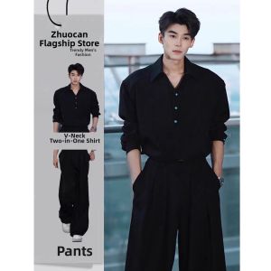 ZHUOCAN | Autumn V-neck False Two-piece Shirt Set