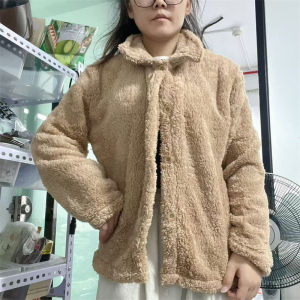 Women Autumn Winter Double Fleece Warm Thicken Jacket Turn-down Single-Breasted Short Outerwear Loose Fashion Casual Overcoat