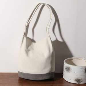 Large Capacity Retro Bucket Bag Contrast Color Satchel Canvas Bag Womens Shoulder Bag Easiest for Match Simple Canvas Bag Schoolbag Satchel