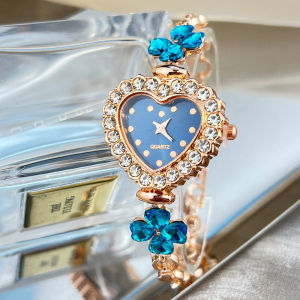 Ladies Heart-Shaped Love Watches Vintage Four-leaf Clover Diamond Watch for Women Lucky Chain Analog Quartz Bracelet WristWatch
