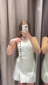 Guobioziy Womens Sleeveless Halter Mini Dress Vintage Military Style Metal Button Stand Collar Slim Fit White Party Skirt