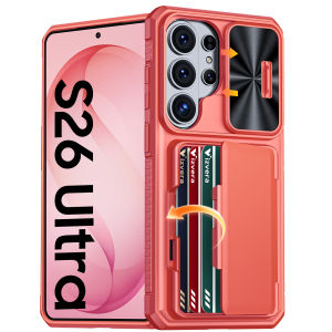 For Samsung Galaxy S26 Ultra Phone Casewith Card Holder Sliding Camera Cover And Stand Anti-Fall PC+TPU Wallet Case-Grey
