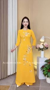 Áo Dài Lụa Mỹ Cao Cấp Họa Tiết Thêu + Đính Đá Thủ Công Tỉ Mỉ - Mã C16
