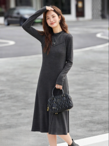Vimly | Gray Knitted Fish Tail Dress Womens Slim Fit Stand Collar Design Casual Long Skirt Autumn New Style Vimly Fashion Brand
