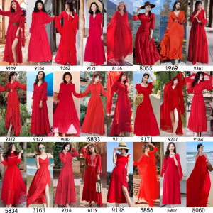 Summer New Style Big Red Retro Beach Vacation Long Dress Bohemian Sweet Style Travel Photography Beach Sand Desert Tour Dress