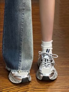 2025 New Silver Color Boosting Thick Bottom Womens Dad Shoes Sports Fashionable Casual Low Top Breathable Anti-Slip Wear-Resistant