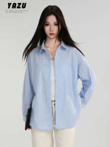 เสื้อเชิ้ตคอโปโลแขนยาวผ้าฝ้ายแท้สไตล์เกาหลีหลวมๆ สำหรับผู้หญิง ฤดูใบไม้ผลิ 2025 เสื้อเชิ้ตทรงเข้ารูปแบบใหม่สำหรับใส่ไปทำงาน