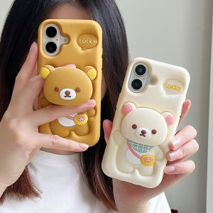 【New】Liquid Silicone Phone Case Innovative Telescopic Stand Rilakkuma Shape with Bracelet or Lanyard For iPhone 11 12 13 14 15 16 Series