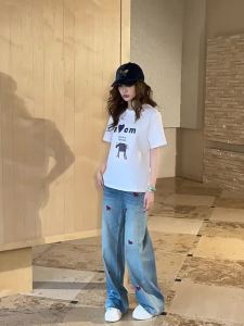 Vintage Design Embroidery High-Waist Straight Leg Wide Leg Jeans