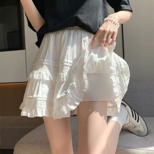 Summer Girls White High Waist A-Line Pleated Mini Skirts Lady Chic Sweet Ruffles Tierred Emboss Design Anti-Flash Ballet Skirt