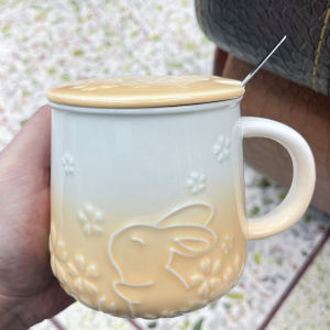 Rabbit Embossed Ceramic Mug with Lid and Spoon